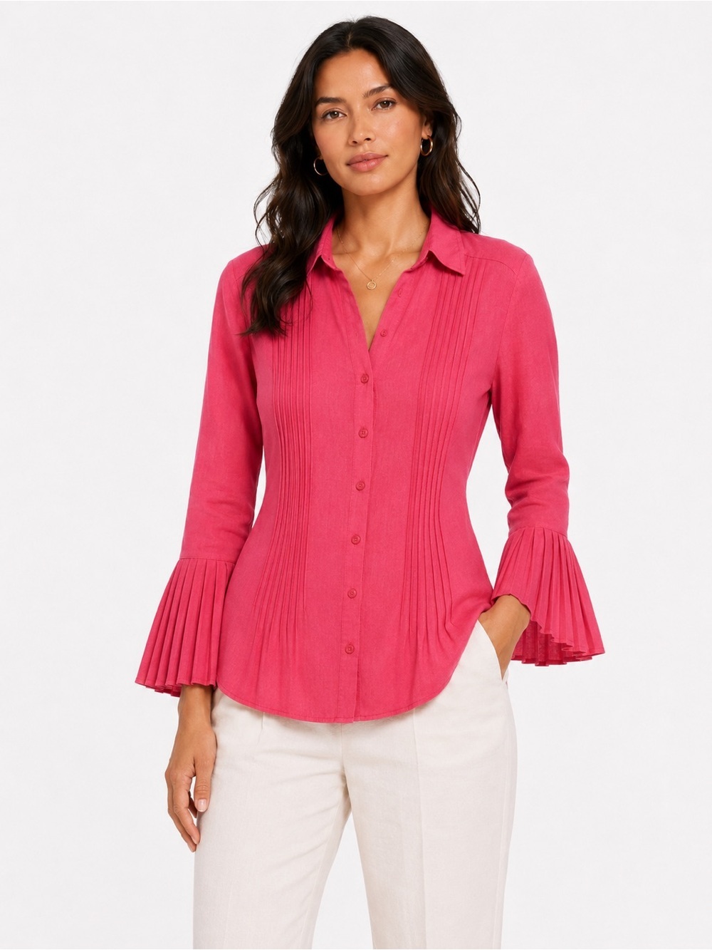 Peter Martin Pink Linen Pintuck Pleated Bell Sleeve Button Front Blouse XL